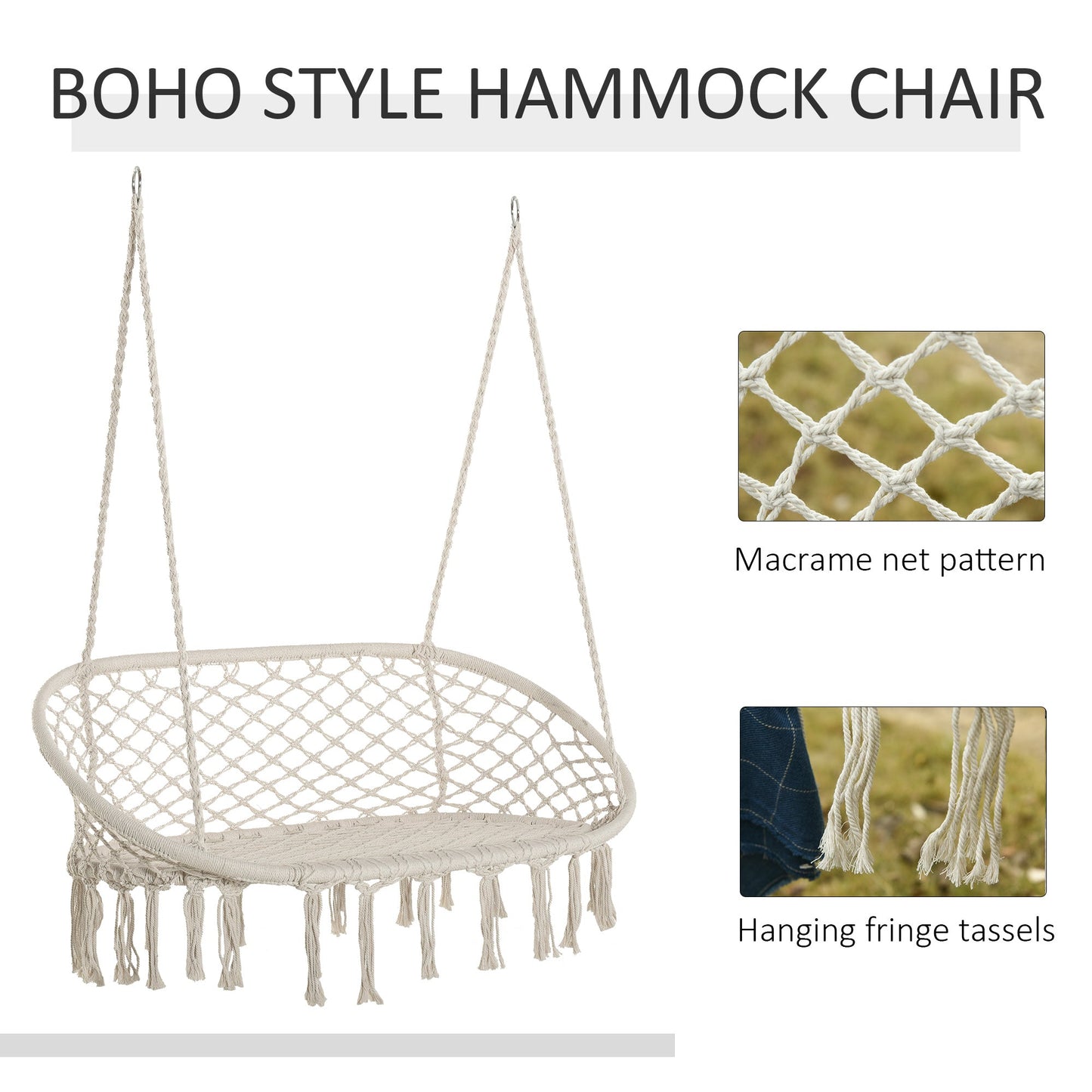 Outsunny Hanging Hammock Chair Cotton Rope With Metal Frame Large Macrame Seat For Patio Garden Lovers Cream