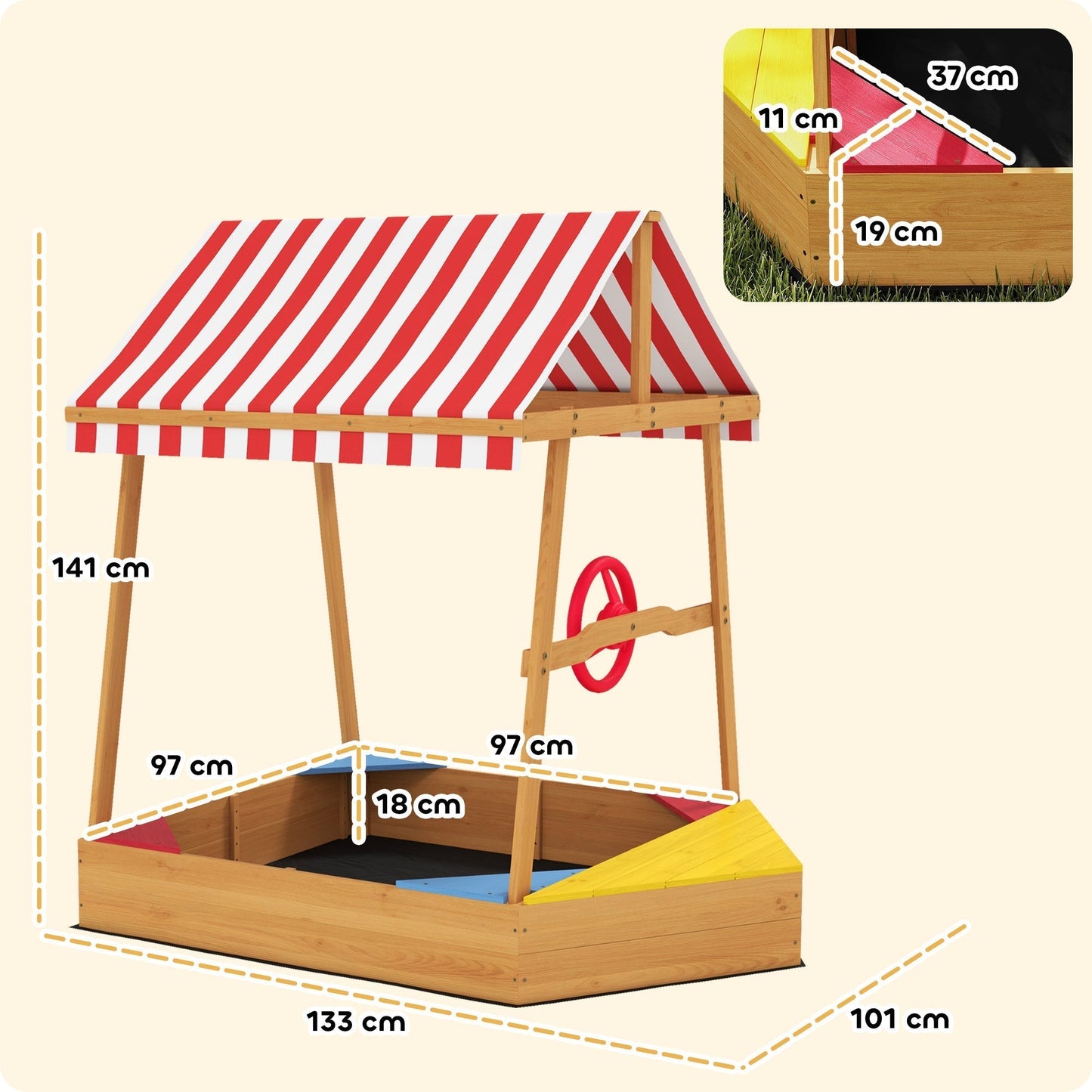 AIYAPLAY Wooden Boat Style Sandpit With Canopy For Kids Aged 3 To 8 Imaginative Outdoor Adventure