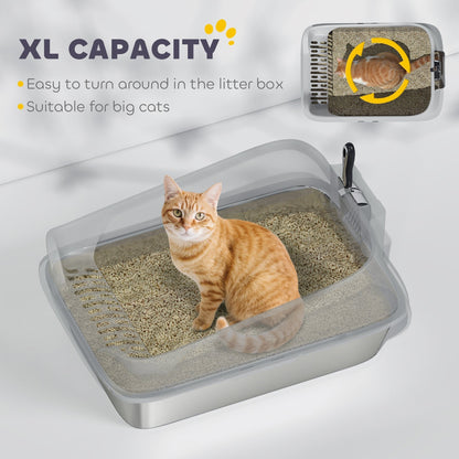 PawHut XL Stainless Steel Cat Litter Box With High Sides And Scoop, Odor Resistant, Spacious For Large Cats