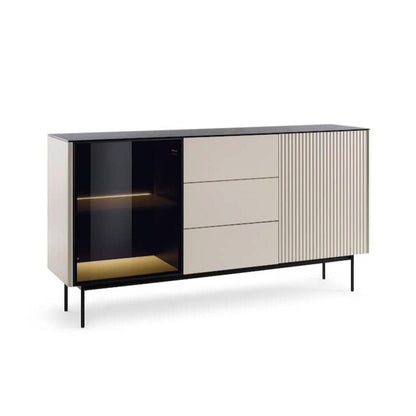 Orta Sideboard Cabinet 157cm Soft Cashmere Finish With Black Accents Slim Metal Legs For Modern Living Rooms