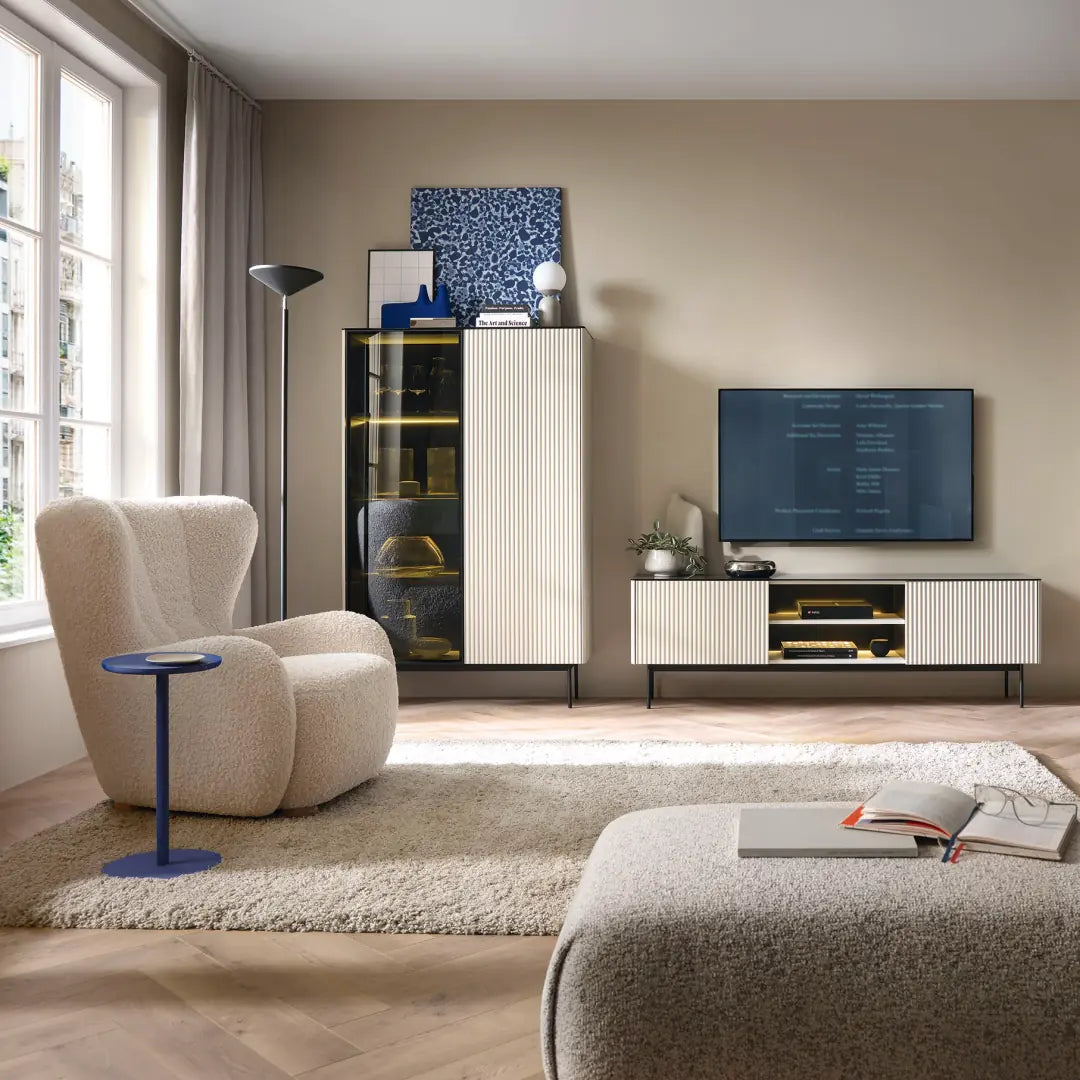 Orta Sideboard Cabinet 157cm Soft Cashmere Finish With Black Accents Slim Metal Legs For Modern Living Rooms