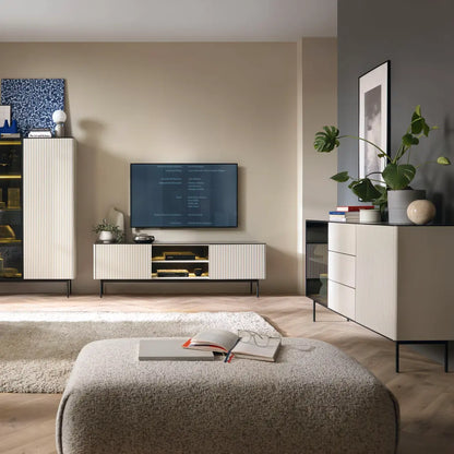 Orta Sideboard Cabinet 157cm Soft Cashmere Finish With Black Accents Slim Metal Legs For Modern Living Rooms