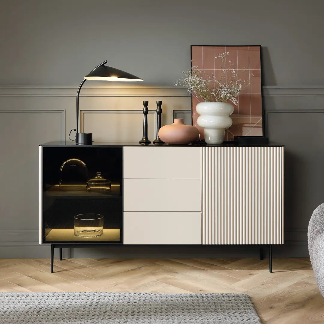 Orta Sideboard Cabinet 157cm Soft Cashmere Finish With Black Accents Slim Metal Legs For Modern Living Rooms