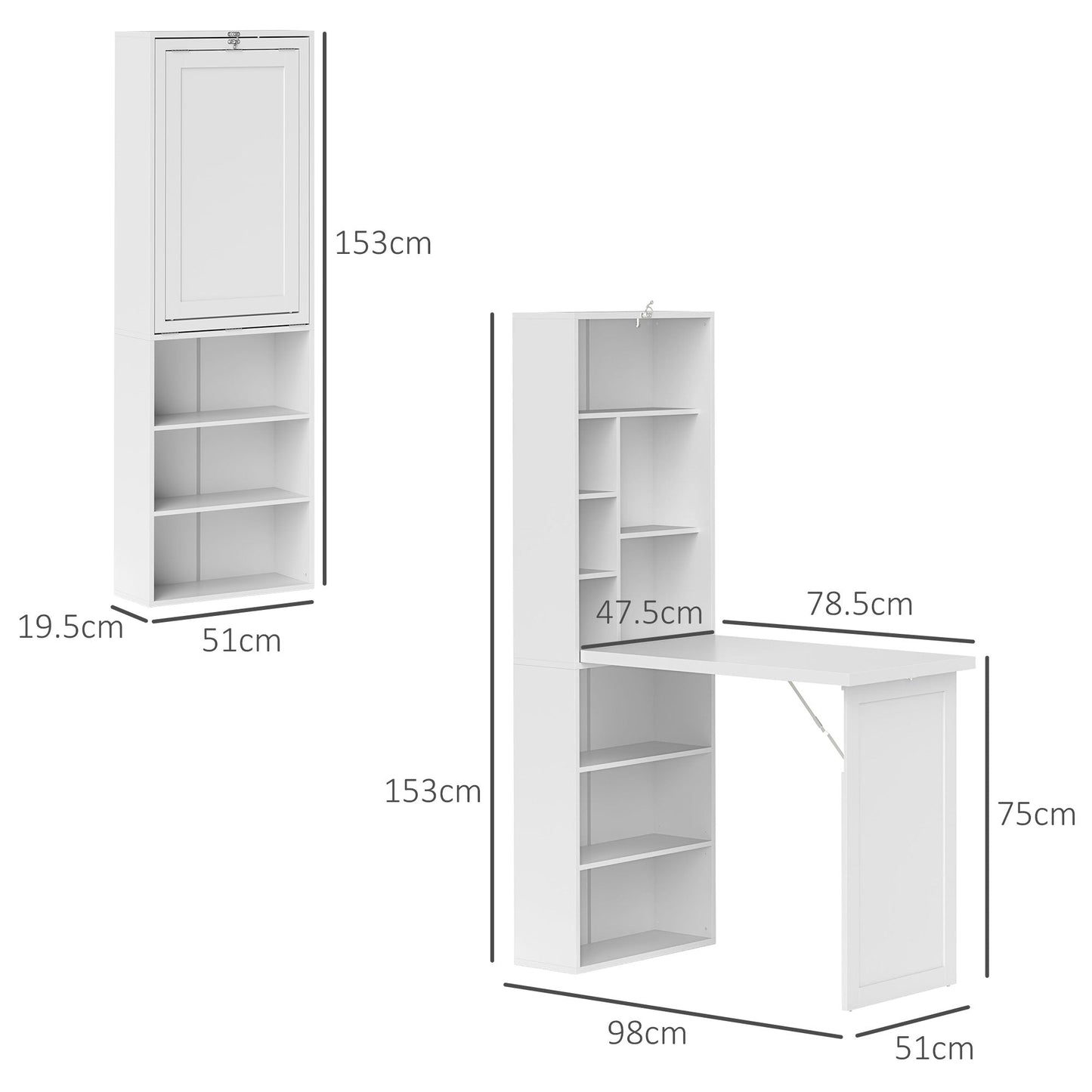 HOMCOM Fold Out Desk 98cm With Storage And Writing Board For Small Home Offices Space Saving White