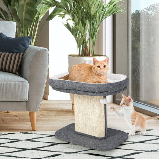 Cat Tree With Sleeping Perch And Sisal Scratching Plate Two-Tier Sturdy Space-Saving Grey For Small Spaces