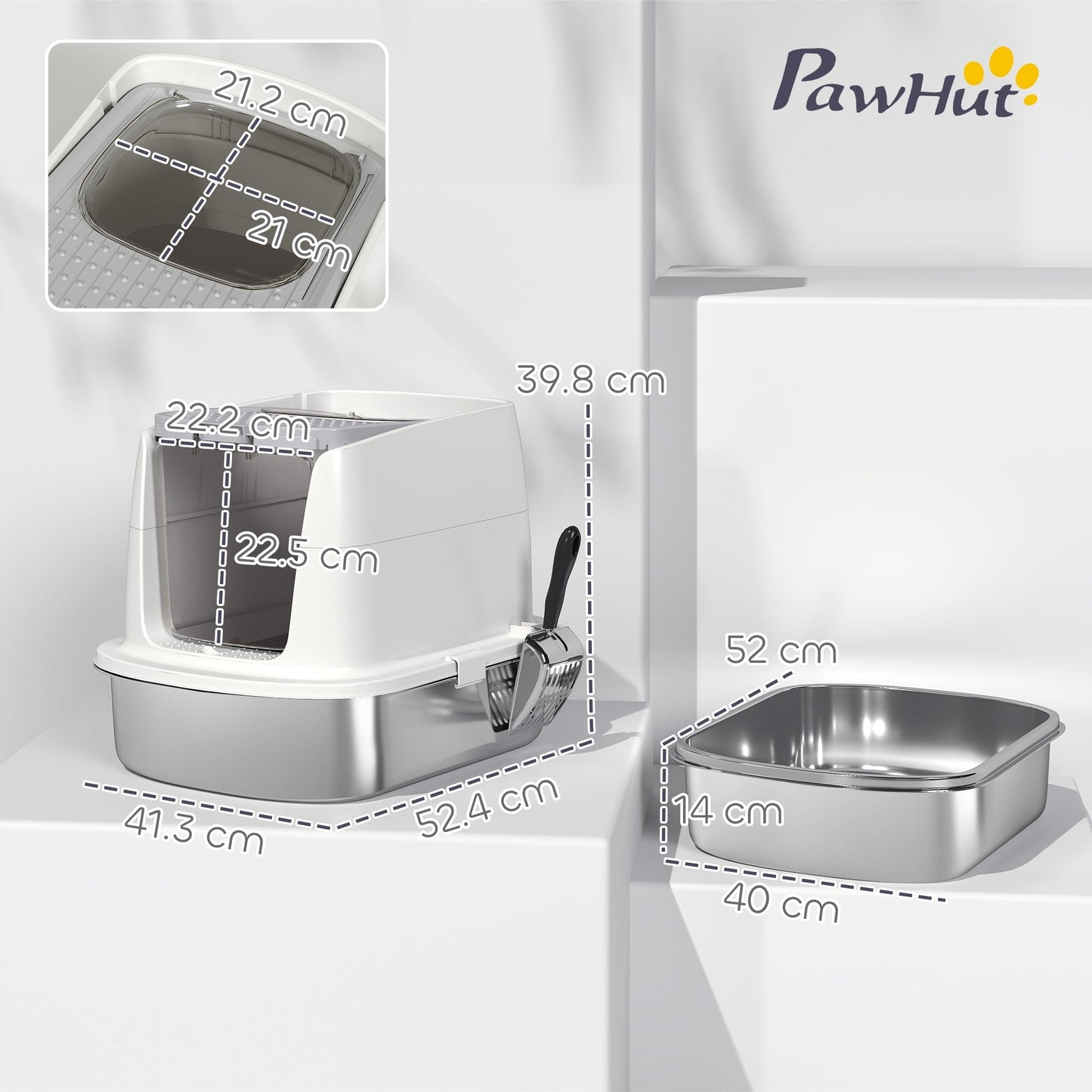 PawHut Stainless Steel Litter Box Enclosed With Front Entry Top Exit Odor Resistant For Cats