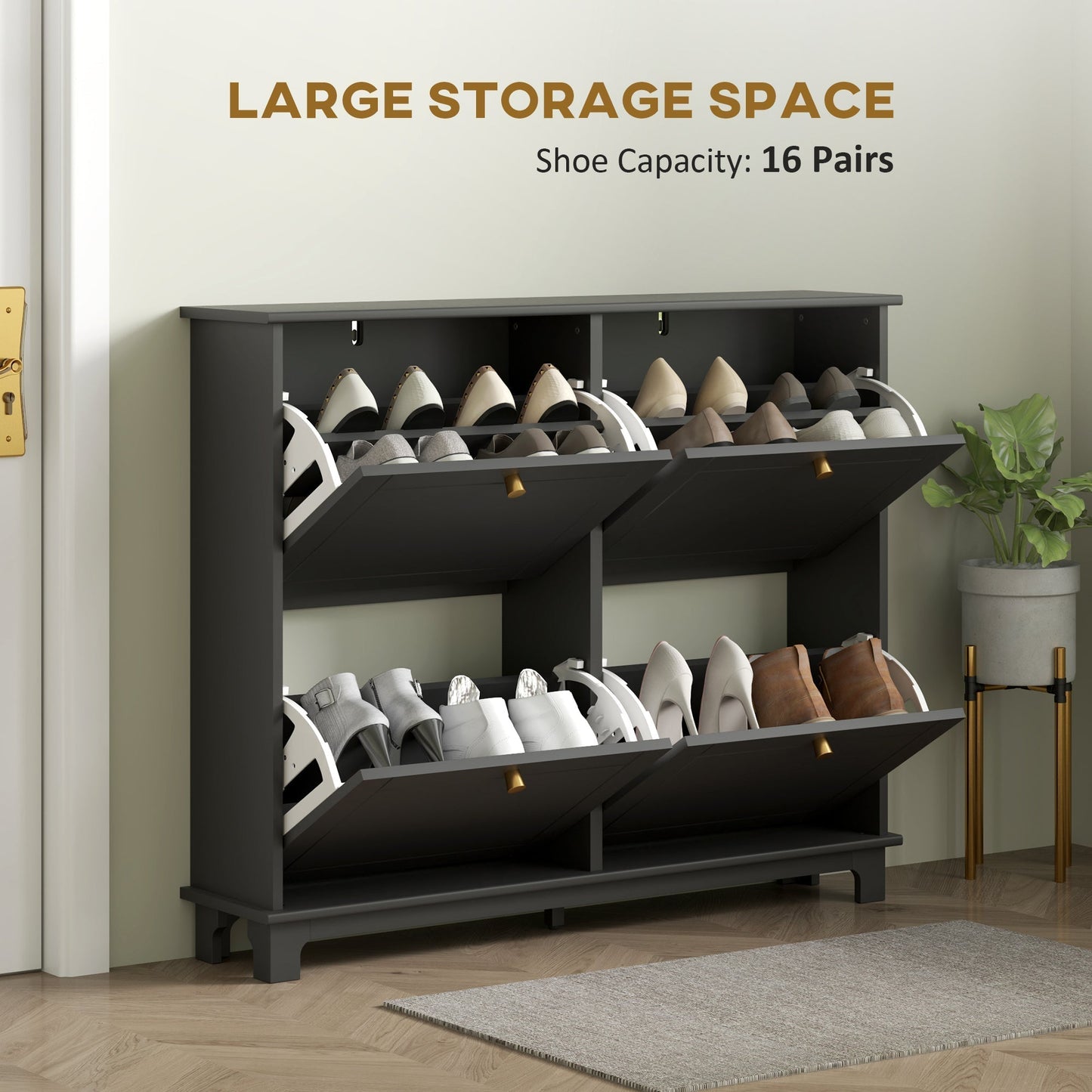 HOMCOM Narrow Shoe Storage Cabinet with 4 Flip Drawers and Adjustable Shelves for 16 Pairs Ideal for Small Entryways