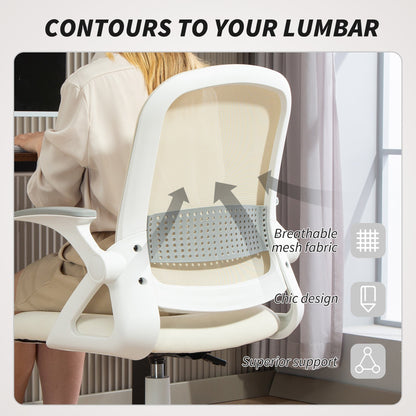 HOMCOM Mesh Office Chair Ergonomic Swivel with Breathable Back, Flip Up Armrests, Lumbar Support for Home Office, White