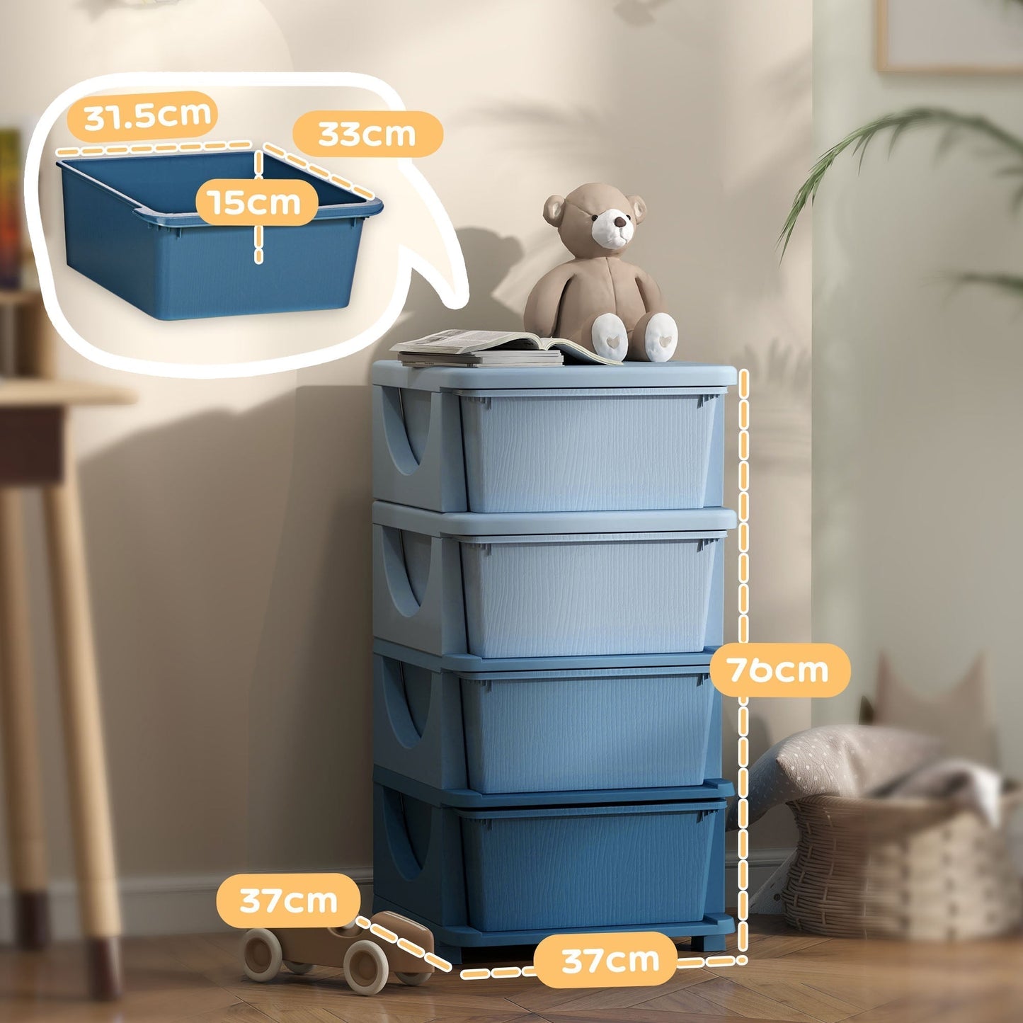 HOMCOM Four Tier Kids Storage Box With Drawers Blue Space Saving Toy Organizer For Kids Durable PP