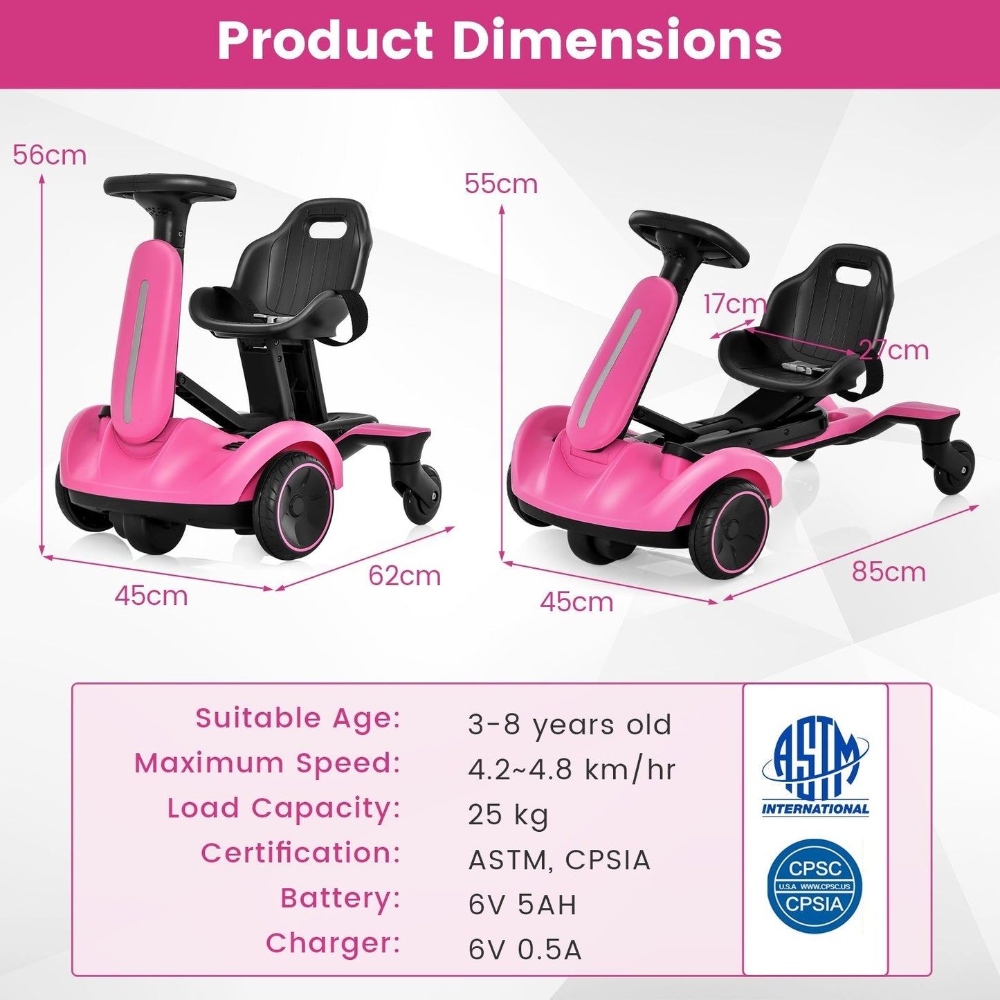 6V Electric Ride On Drift Car Pink For Kids 3 To 8 Durable Sturdy Frame Realistic Fun