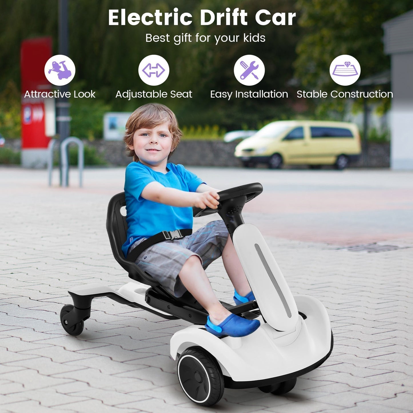 6V Electric Ride On Drift Car for Kids 3 to 8 Years Old White Durable Frame for Safe Home Play