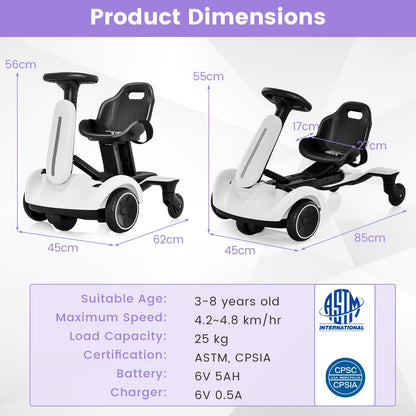6V Electric Ride On Drift Car for Kids 3 to 8 Years Old White Durable Frame for Safe Home Play