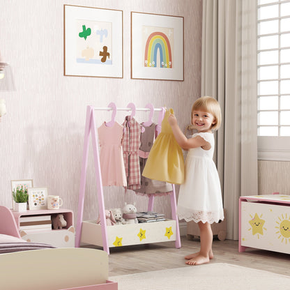 AIYAPLAY Kids Clothing Rack With Hangers And Storage Shelf Pink Star Theme Ages 3 To 6