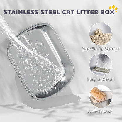 PawHut Stainless Steel Cat Litter Box With Lid Enclosed Privacy Odor Control Scoop Included For Cat Owners