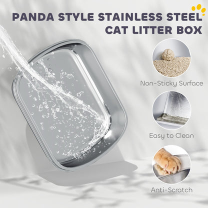 PawHut Panda Style XL Stainless Steel Cat Litter Box With Lid Enclosed For Cat Owners Scoop Included Easy Clean