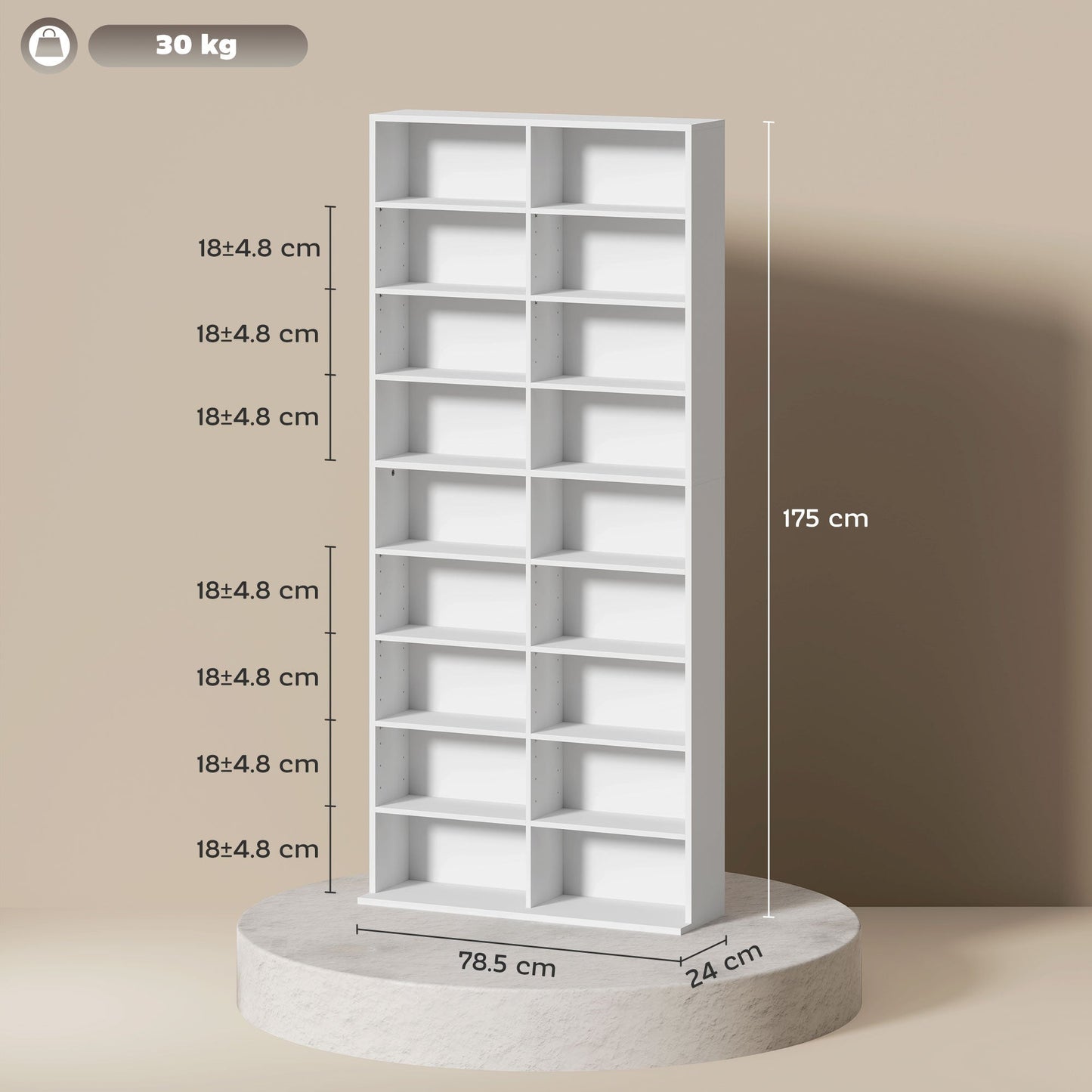 HOMCOM 640 CD Storage Tower White Durable 14 Adjustable Shelves Anti Tip Design For Home Media Organization
