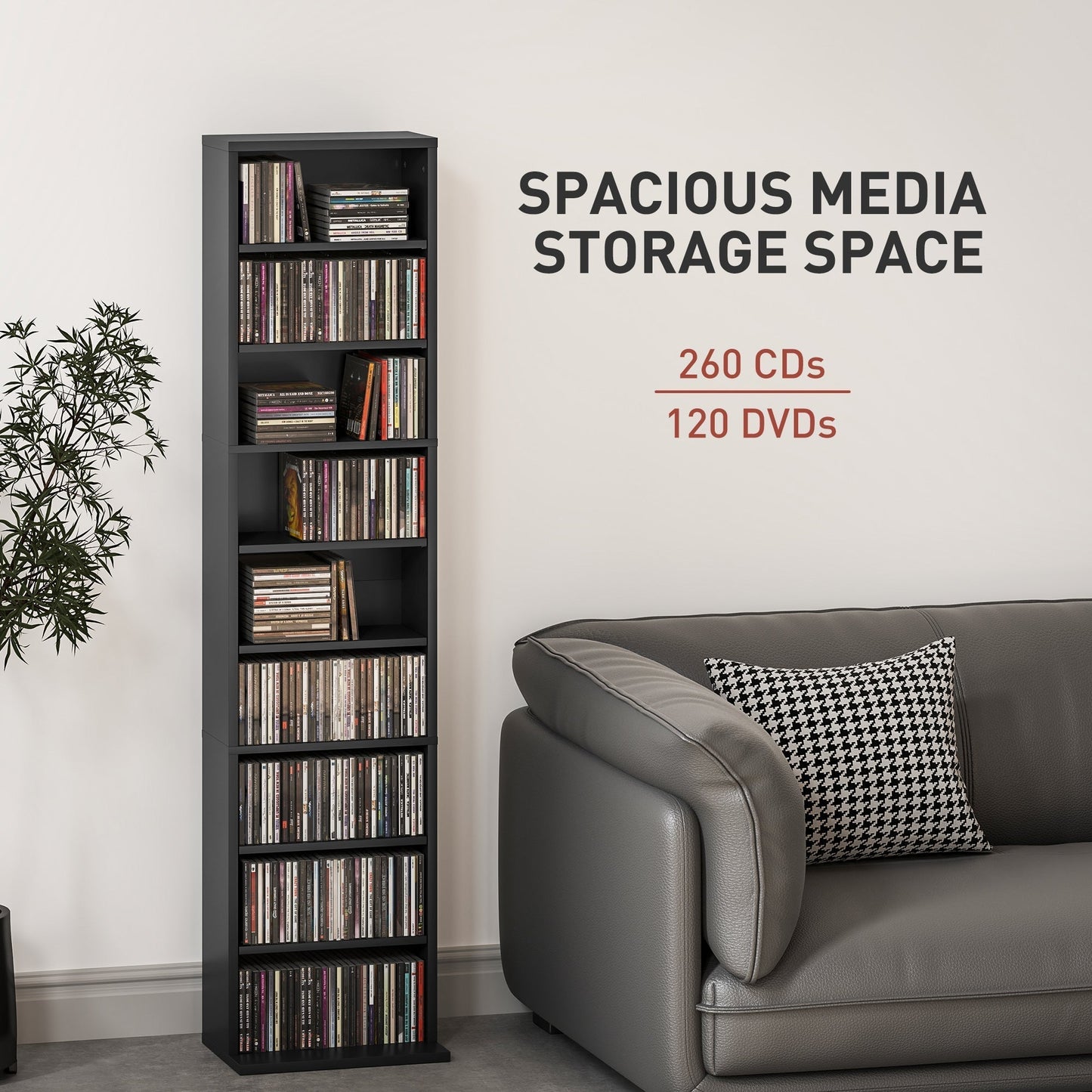 HOMCOM 260 CD Storage Unit Narrow Black For Home Media Rooms Holds Up To 260 CDs Or 120 DVDs With 6 Adjustable Shelves