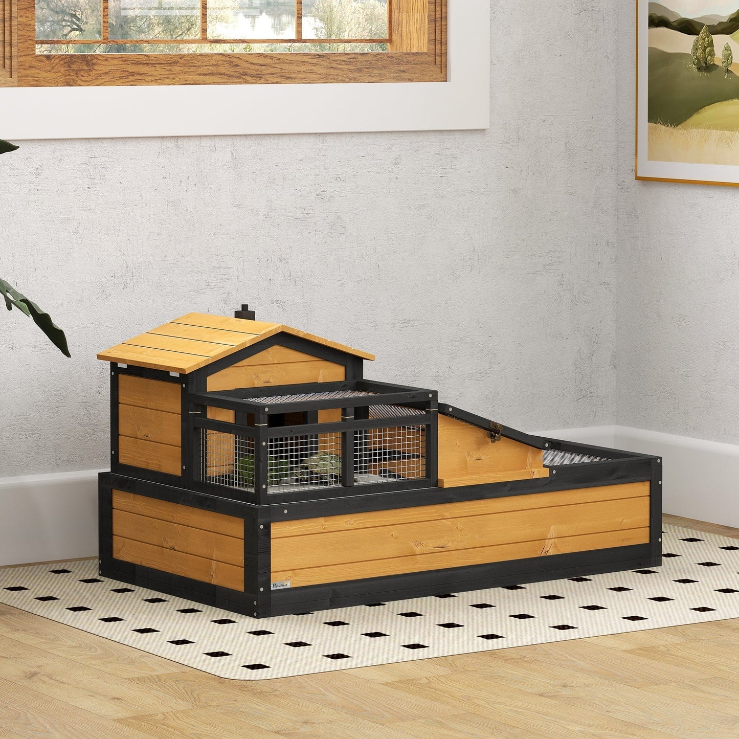 PawHut Wooden Tortoise House With Balcony And Roof Spacious Two Levels Easy Clean Tray Indoor Outdoor For Reptile Lovers