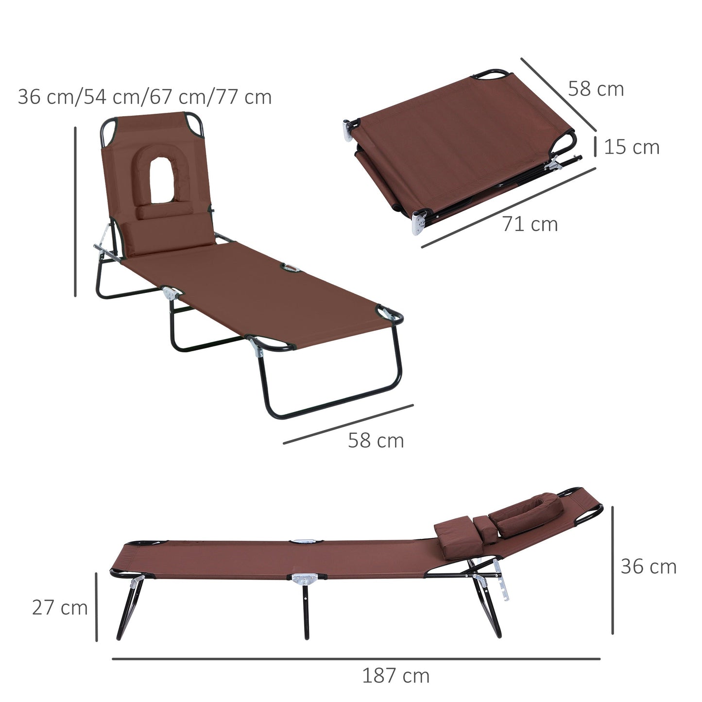 Outsunny Outdoor Folding Sun Lounger With Face Hole 4 Level Adjustable Backrest Garden Recliner For Beach Lovers