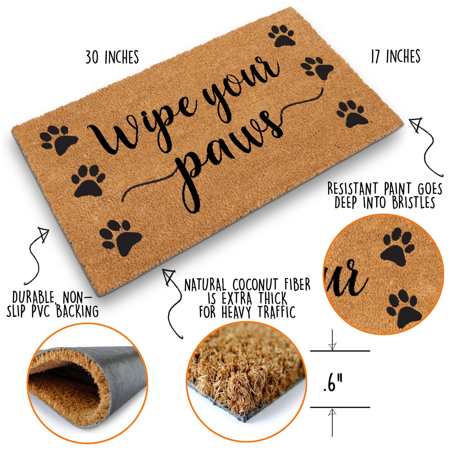Coir Doormat Wipe Your Paws 30x17 Outdoor Farmhouse Entrance Mat Durable 0.6 Inch Height