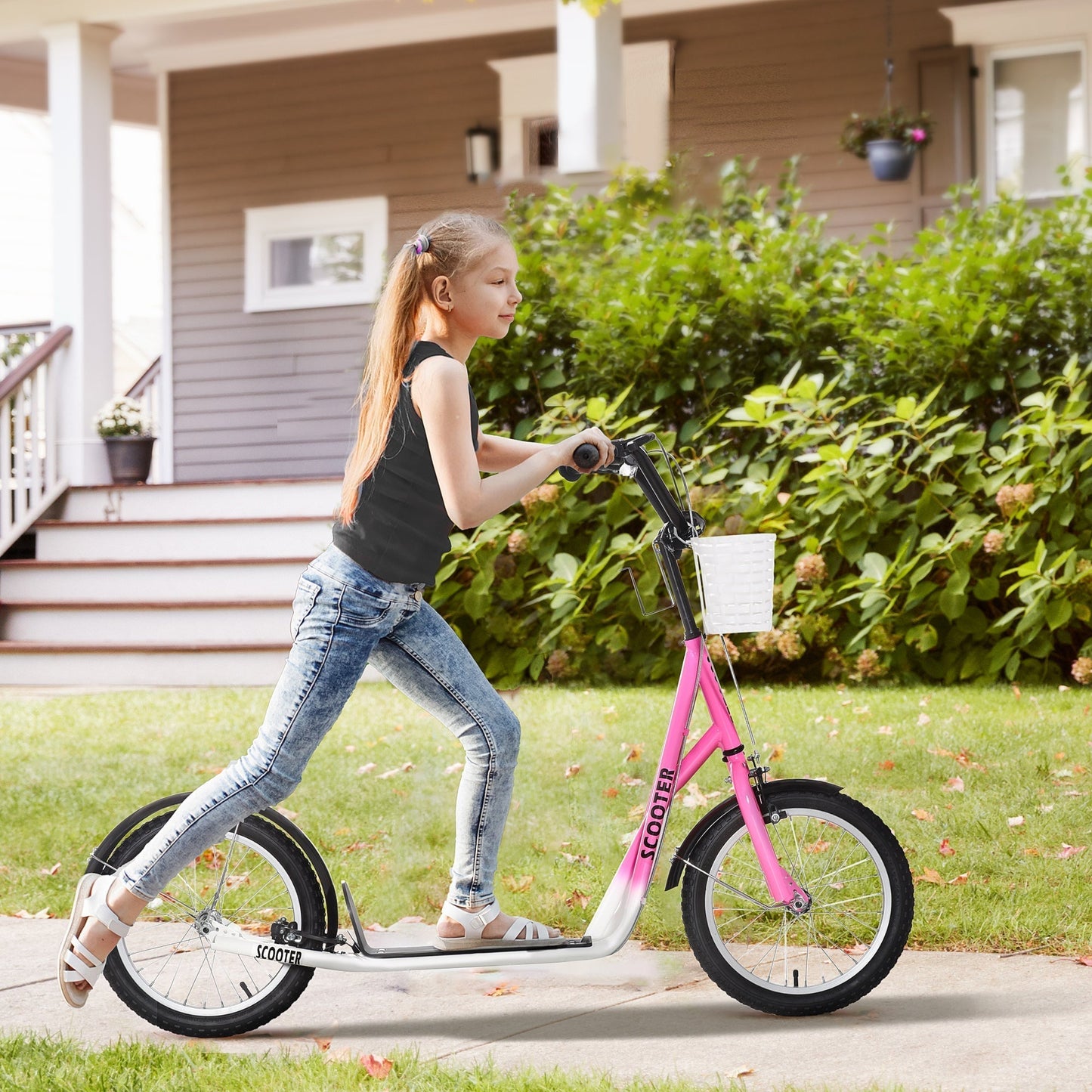 HOMCOM Kids Scooter For Ages 5-12, Adjustable Handlebar, Dual Brakes, 16-Inch Inflatable Wheels, Pink