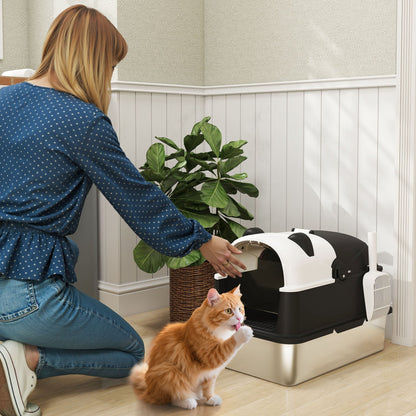PawHut Panda Style XL Stainless Steel Cat Litter Box With Lid Enclosed For Cat Owners Scoop Included Easy Clean