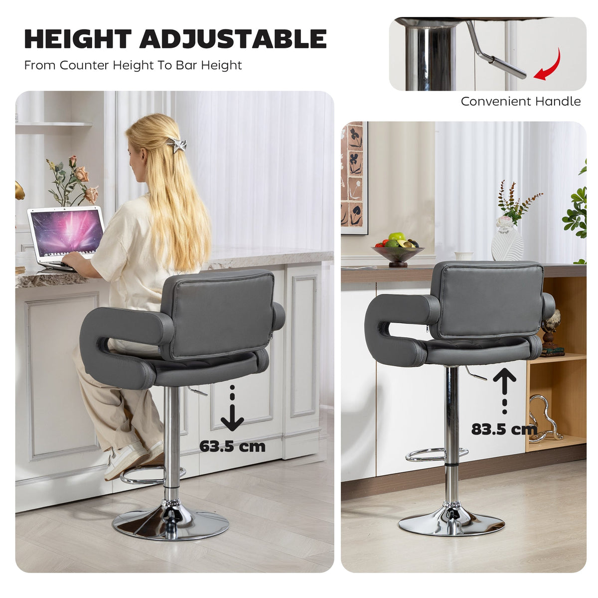 HOMCOM PU Leather Swivel Bar Stool For Home Kitchens With Height Adjustable Back Armrest Footrest Modern Grey