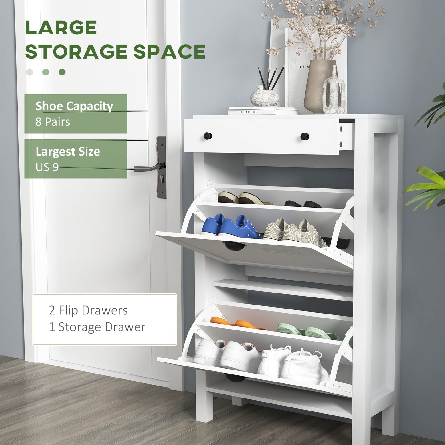 HOMCOM Narrow Shoe Cabinet With 2 Flip Drawers