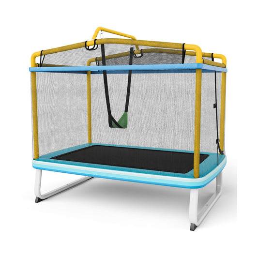 Kids Rectangle Trampoline 190cm With Enclosure Net And Horizontal Bar Yellow Safe Durable Fun