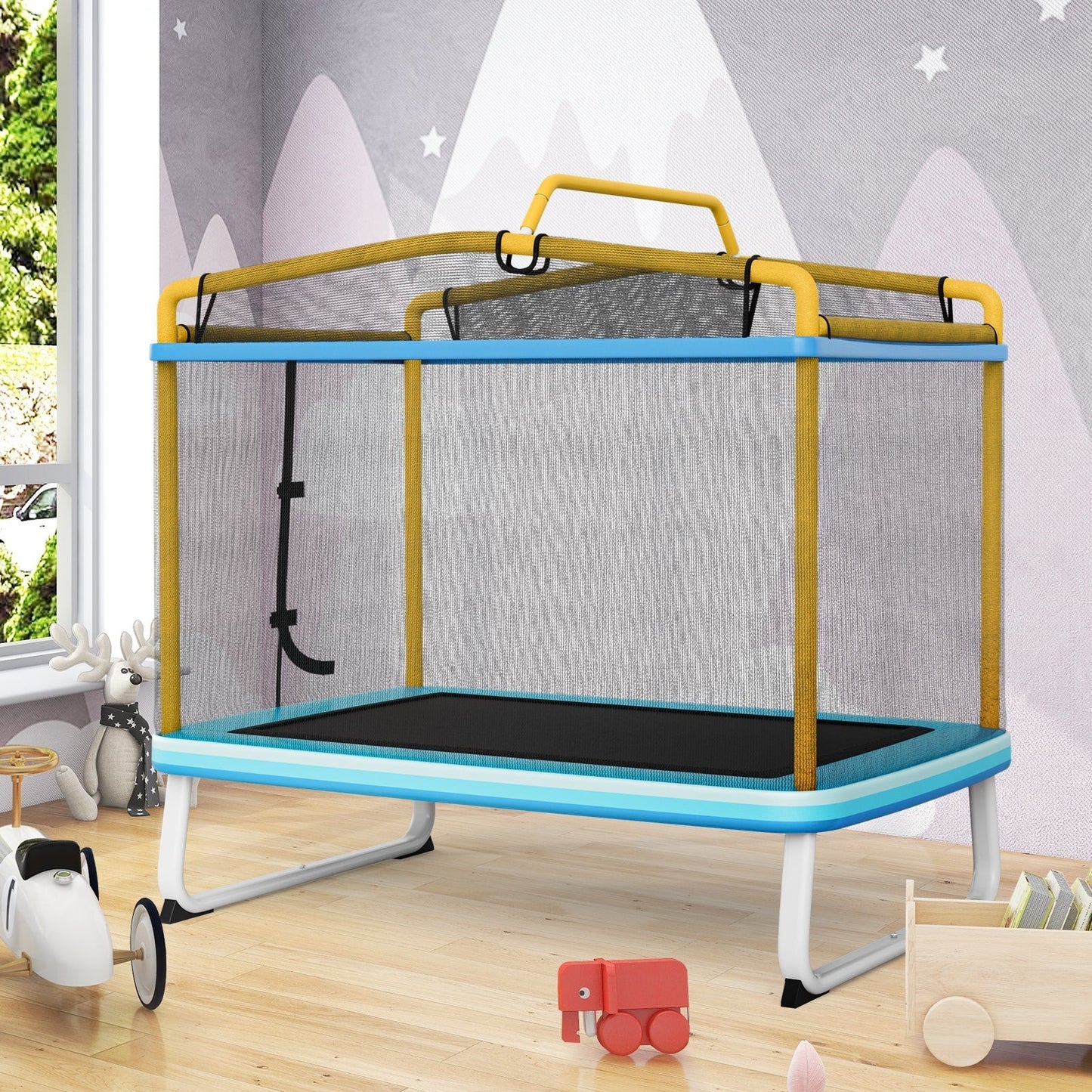 Kids Rectangle Trampoline 190cm With Enclosure Net And Horizontal Bar Yellow Safe Durable Fun