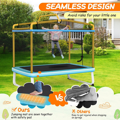 Kids Rectangle Trampoline 190cm With Enclosure Net And Horizontal Bar Yellow Safe Durable Fun