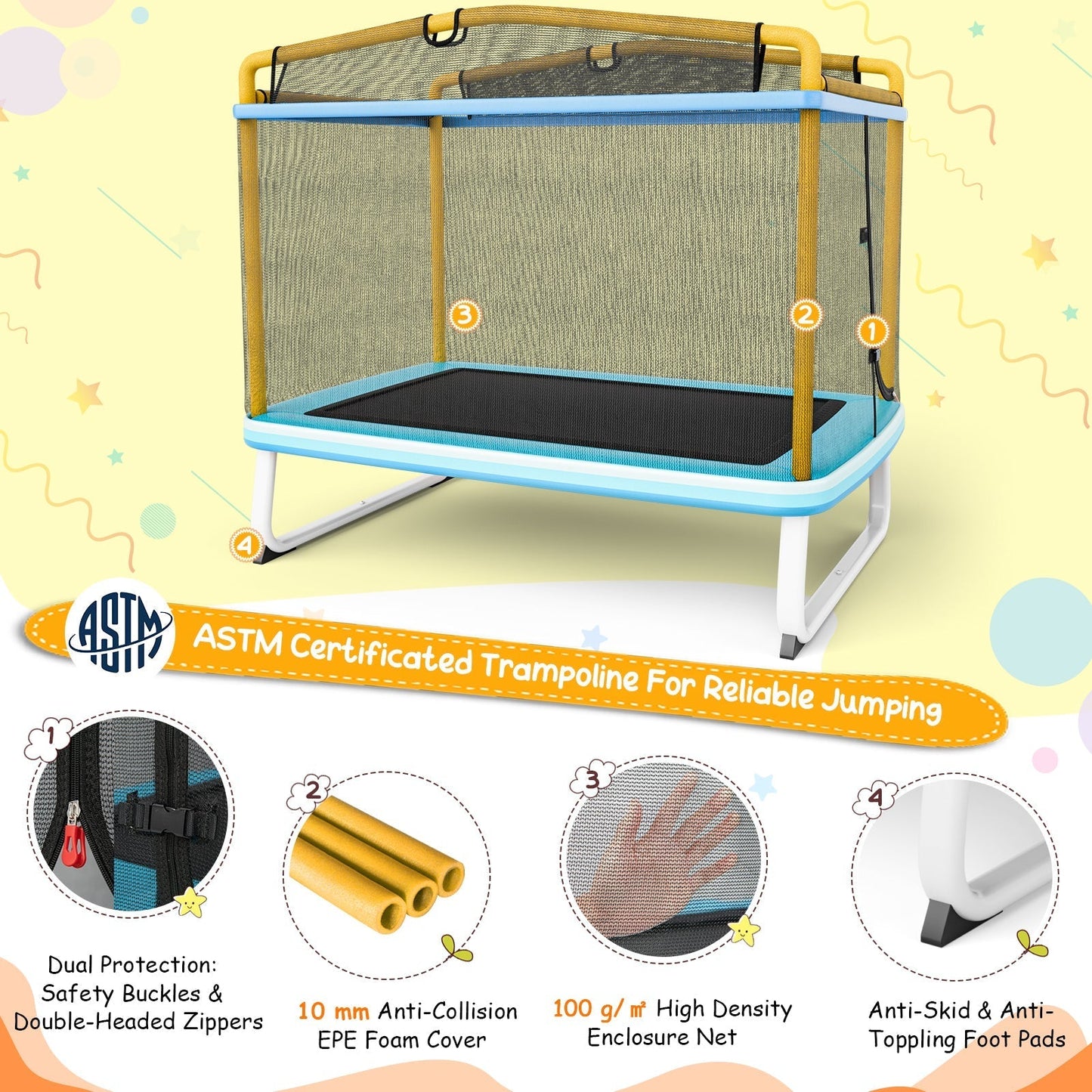 Kids Rectangle Trampoline 190cm With Enclosure Net And Horizontal Bar Yellow Safe Durable Fun