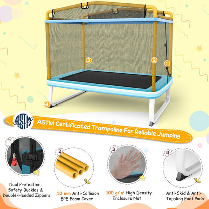 Kids Rectangle Trampoline 190cm With Enclosure Net And Horizontal Bar Yellow Safe Durable Fun