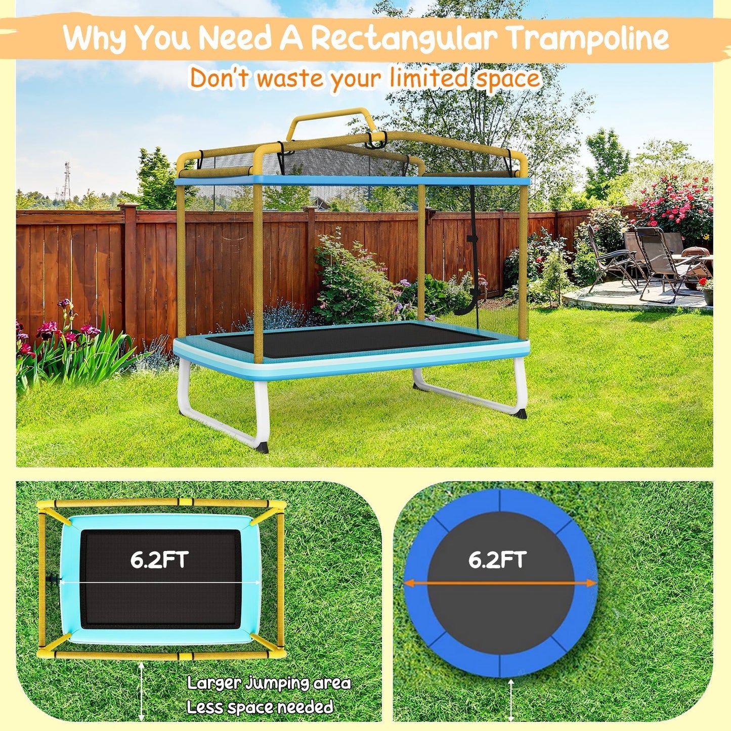 Kids Rectangle Trampoline 190cm With Enclosure Net And Horizontal Bar Yellow Safe Durable Fun