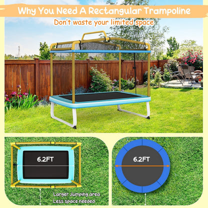 Kids Rectangle Trampoline 190cm With Enclosure Net And Horizontal Bar Yellow Safe Durable Fun