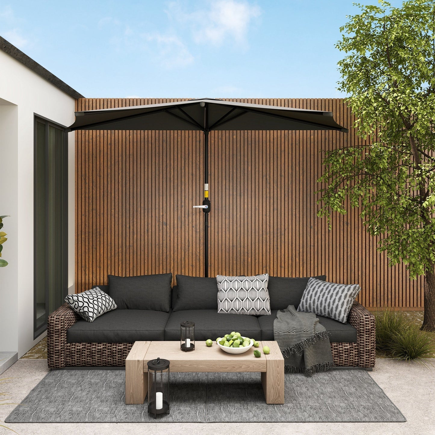 Outsunny 3m Half Parasol Space Saving Wall Mounted for Balcony and Small Garden with Crank Handle