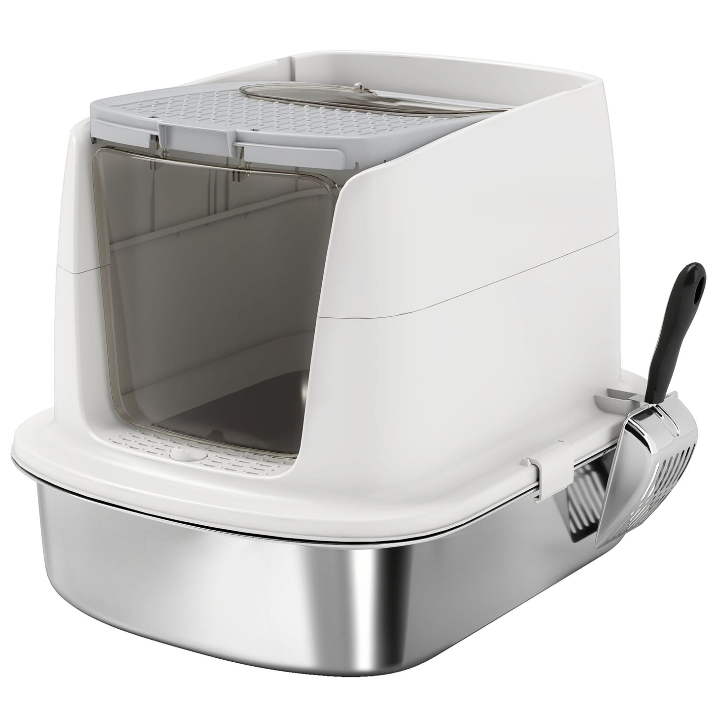 PawHut Stainless Steel Litter Box Enclosed With Front Entry Top Exit Odor Resistant For Cats