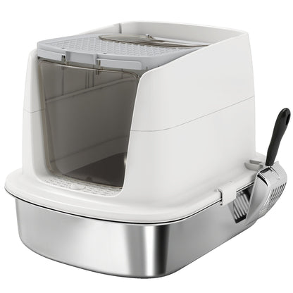 PawHut Stainless Steel Litter Box Enclosed With Front Entry Top Exit Odor Resistant For Cats