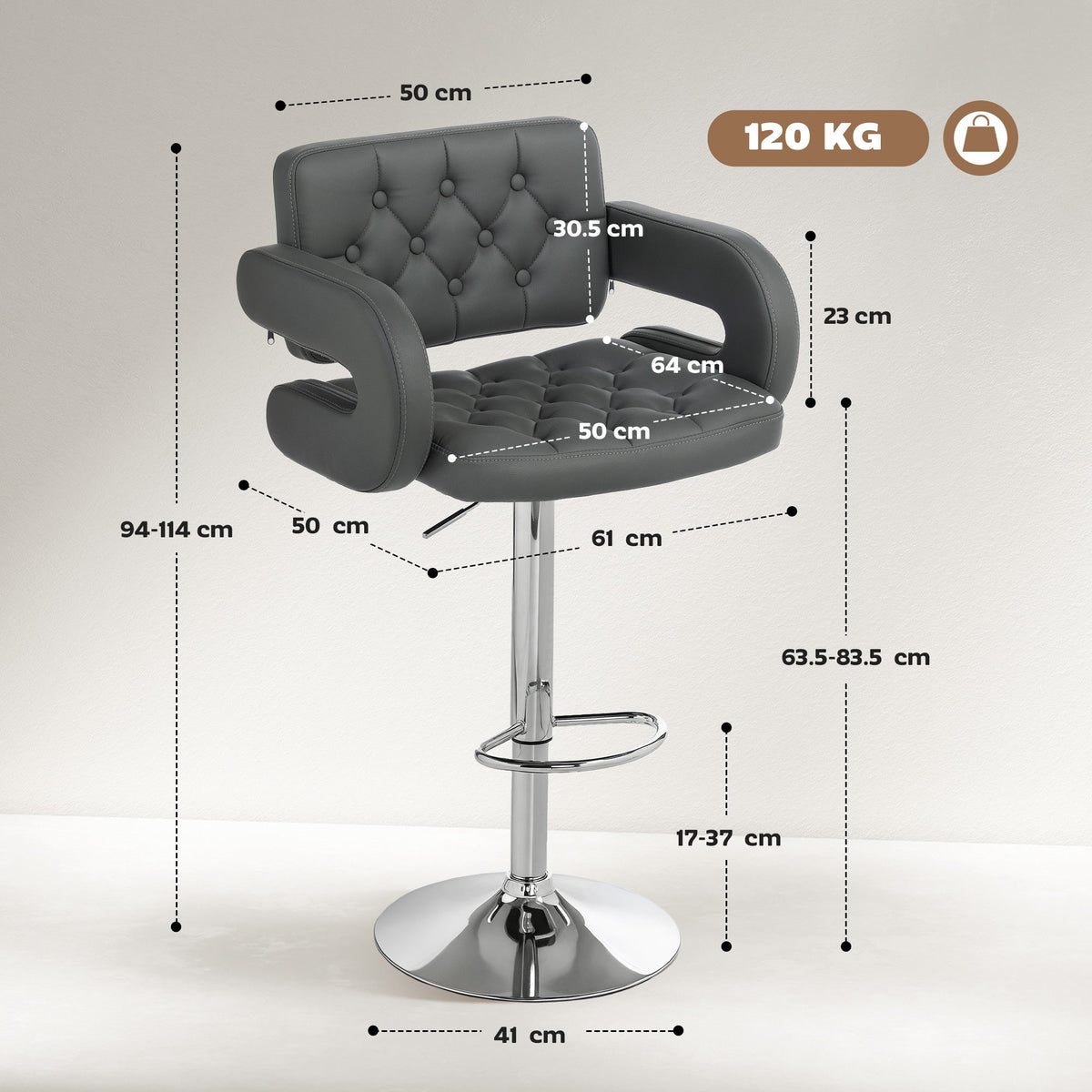 HOMCOM PU Leather Swivel Bar Stool For Home Kitchens With Height Adjustable Back Armrest Footrest Modern Grey