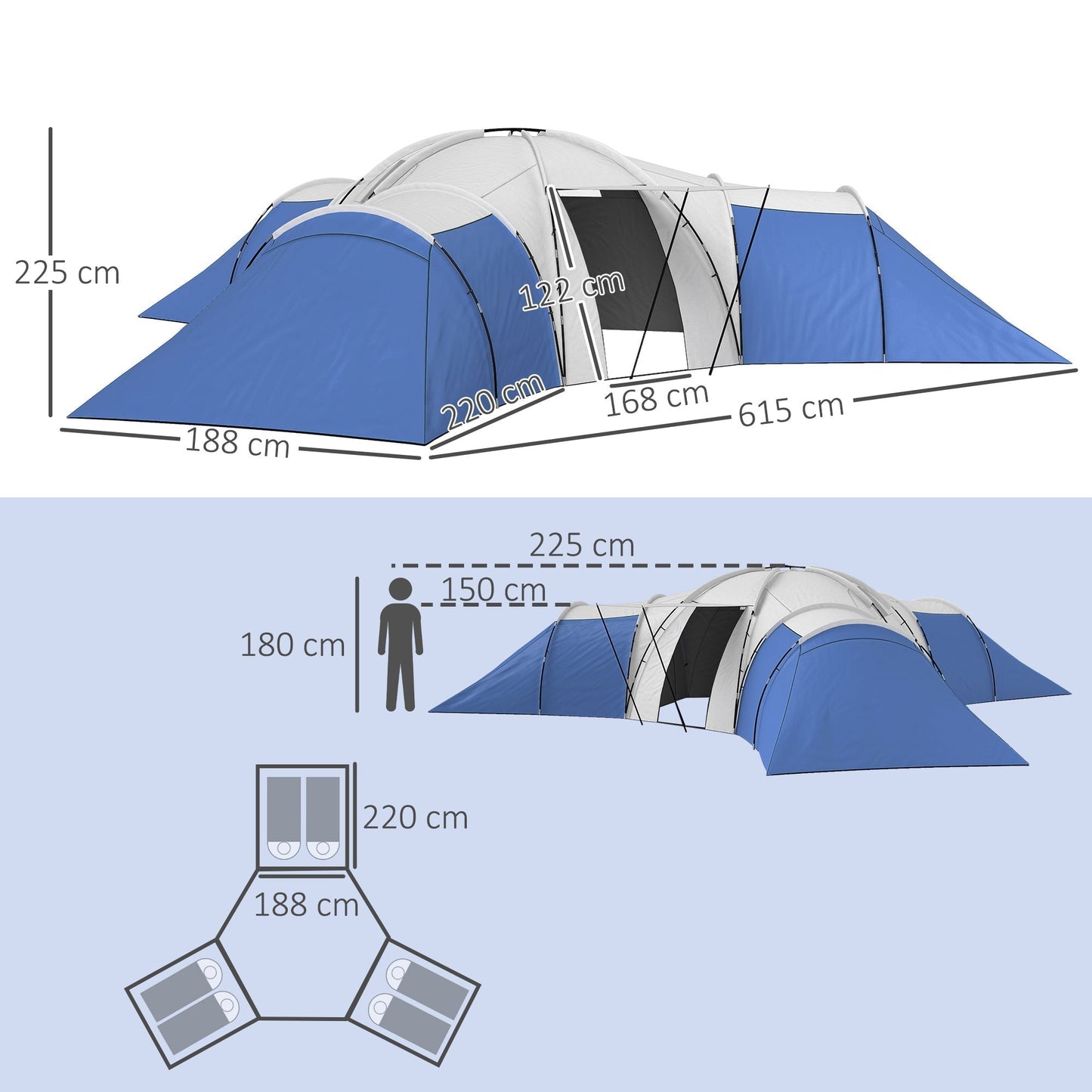 Outsunny Six To Nine Person Tent With Three Bedrooms And Living Room For Family Camping Accessories Included