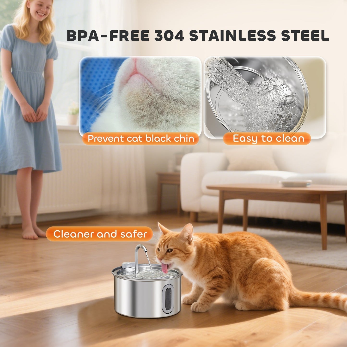 PawHut Stainless Steel Cat Water Fountain 2.5L With Ultra Silent Pump Water Level Window And 7 Filters