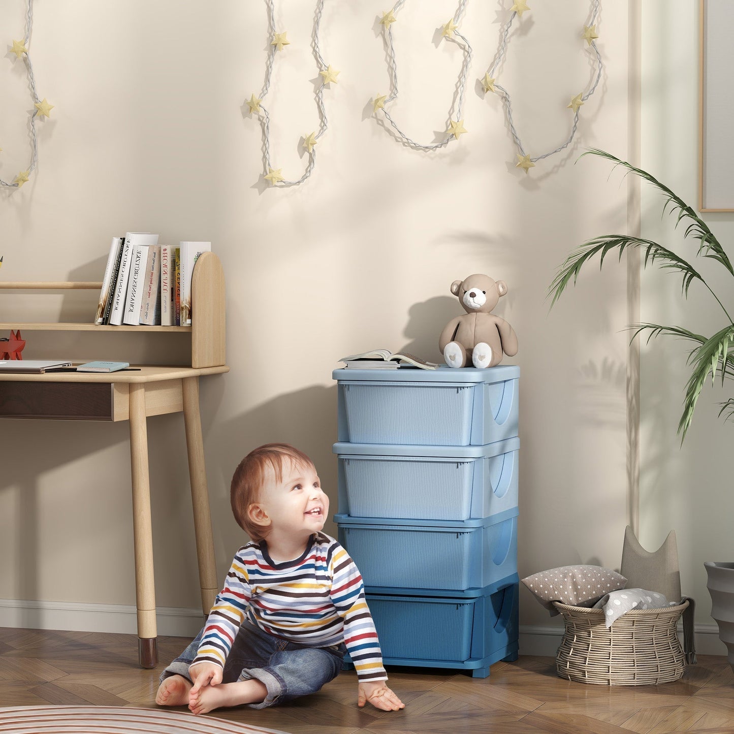 HOMCOM Four Tier Kids Storage Box With Drawers Blue Space Saving Toy Organizer For Kids Durable PP