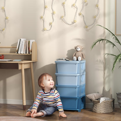HOMCOM Four Tier Kids Storage Box With Drawers Blue Space Saving Toy Organizer For Kids Durable PP