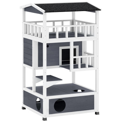 PawHut Outdoor Cat House 3 Tier Shelter With Tilted Roof Terrace Jump Step Waterproof Paint For Cat Lovers