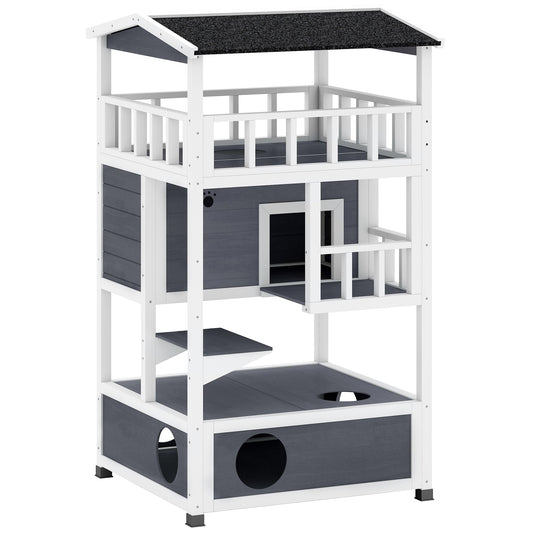 PawHut Outdoor Cat House 3 Tier Shelter With Tilted Roof Terrace Jump Step Waterproof Paint For Cat Lovers