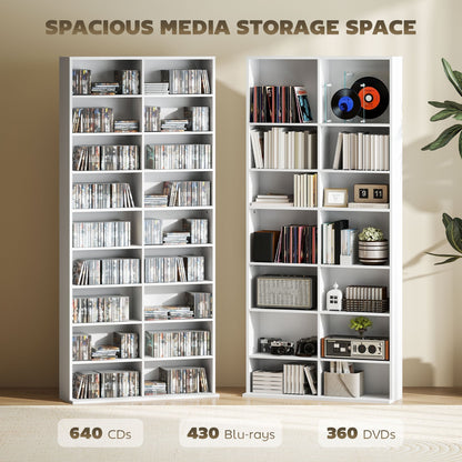 HOMCOM 640 CD Storage Tower White Durable 14 Adjustable Shelves Anti Tip Design For Home Media Organization