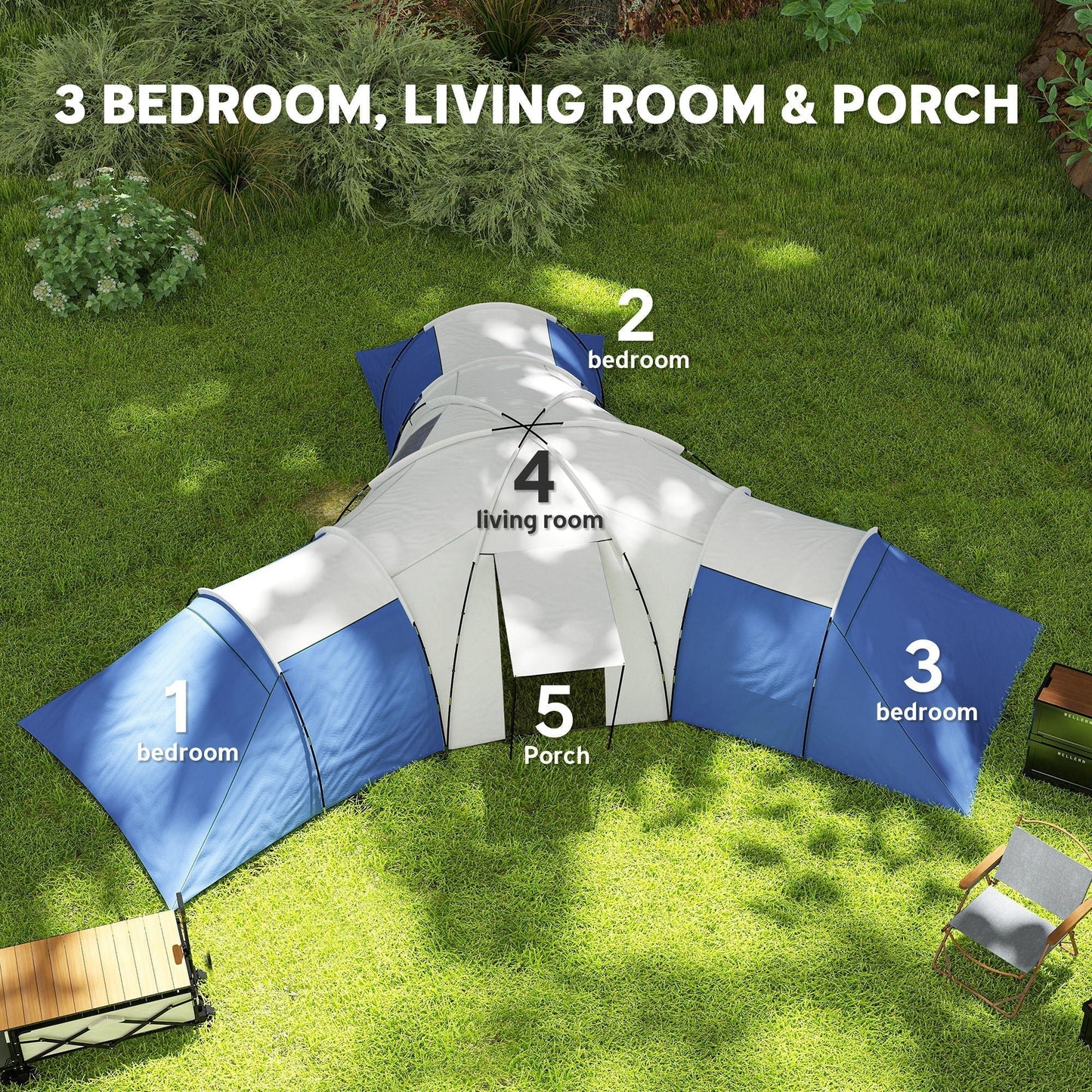 Outsunny Six To Nine Person Tent With Three Bedrooms And Living Room For Family Camping Accessories Included