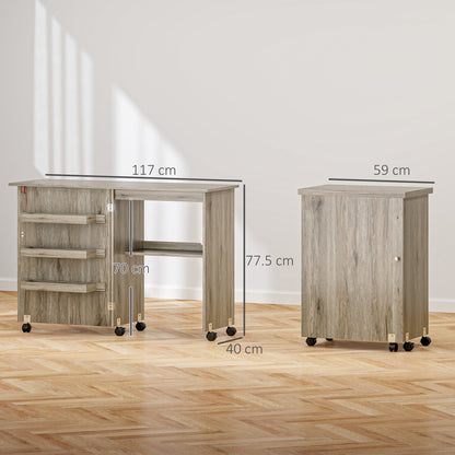 HOMCOM Folding Sewing Table With Drop Leaf And Versatile Storage Bins On Wheels For Small Spaces