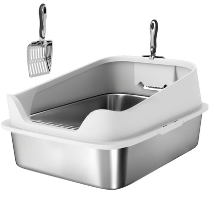 PawHut XL Stainless Steel Cat Litter Box With High Sides And Scoop, Odor Resistant, Spacious For Large Cats