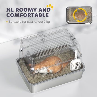 PawHut Extra Large Odour Resistant Stainless Steel Cat Litter Tray With Scoop And Flip Top For Large Cats